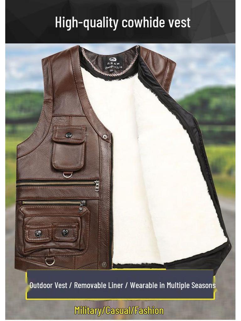 Herren Plus Size West aus echtem Rindsleder mit mehreren Taschen – Lässiges Gilet für Frühling, Herbst, Winter & Vaters Outfit