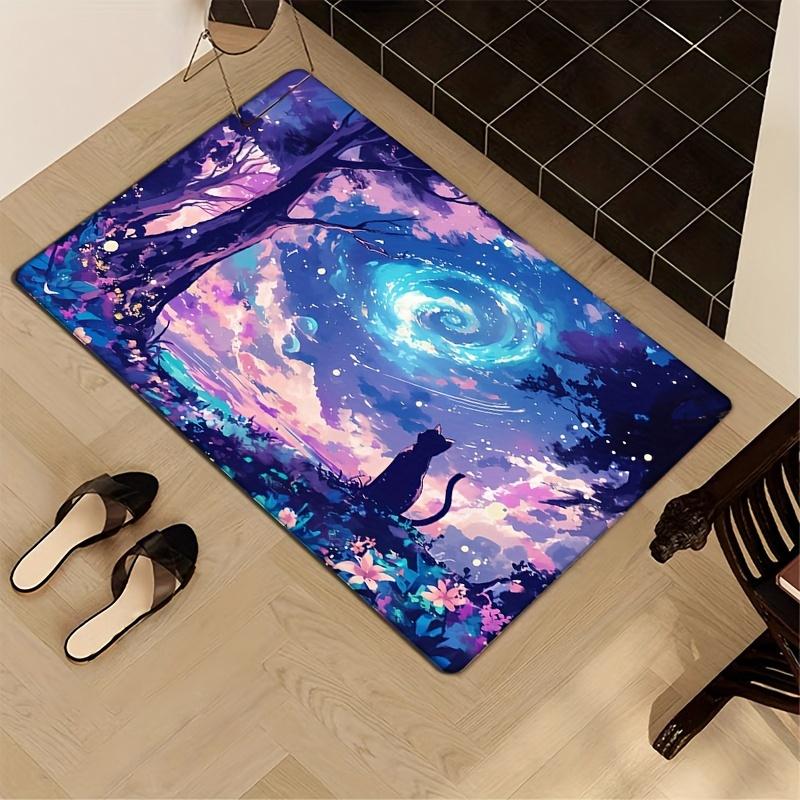 1pc, JIT Flannel Thickness 0.47inch, Starry Night Sky Cat Print, Non-Slip Absorbent Mat, Washable Entryway Kitchen Living Room B