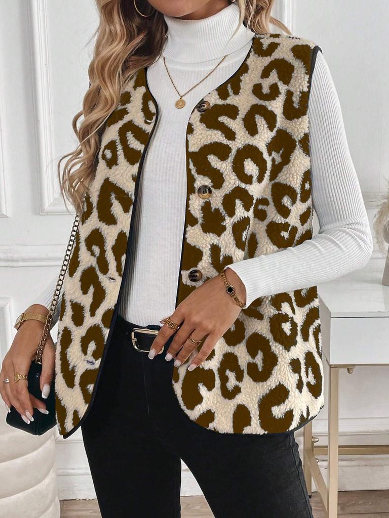 Autumn Winter Leopard Print Faux Fur Vest Women's Sleeveless Casual Coat