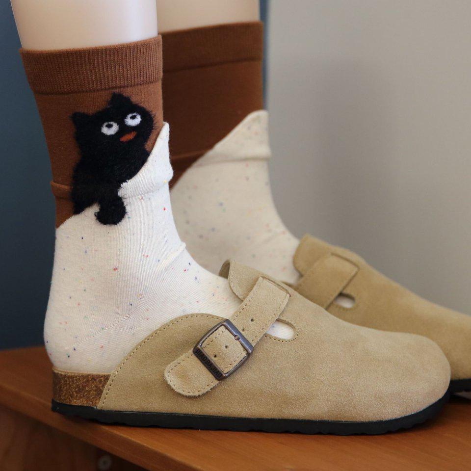 Women s Flocked Mid-Calf Double Ribbed Cartoon Cat Socks One Size кофейный