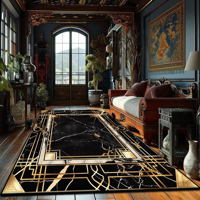 Modern Golden Frame Marble Carpet Luxury Lounge Rug Large Area Living Room Sofa Decoration Rug Bedroom Decor Bedside Floor Mat