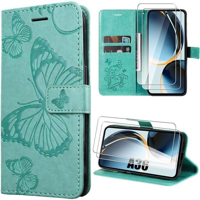 Coque - BOOLING - pour Samsung Galaxy A36 5G - Synthécuir Motif Papillon Vert - 2 Verres Trempés