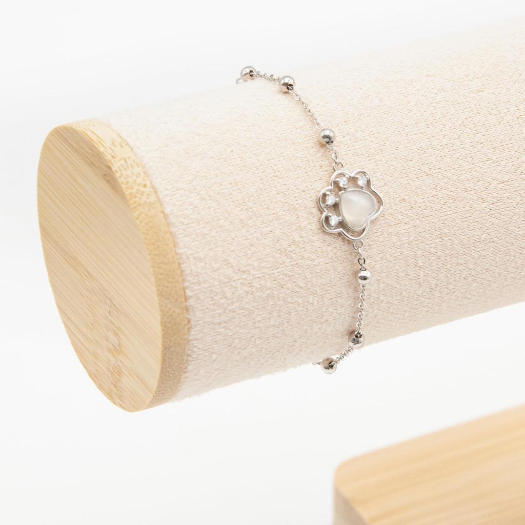 S925 Silver Cat Paw Bracelet for Women White Adorable Animal Motif Gift - Agate, Zirconia,