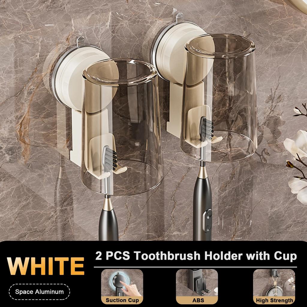 Držák na zubní kartáčky s přísavkou a dávkovačem, police do koupelny bez perforace, kelímek na ústní vodu, držák na zubní kartáčky, dezinfekční prostředek na zubní kartáčky
