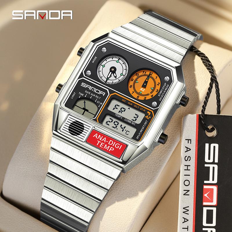 Relógio Masculino Digital LED SANDA 3192 Mostrador Quadrado Duplo Display Multifuncional Medição de Temperatura Esportivo Masculino de Pulso Presente