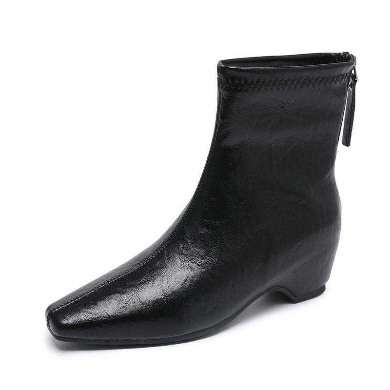 Soft leather version~ retro high-heeled short boots for women's autumn and winter new square-headed thin boots, small inner height-increasing boots