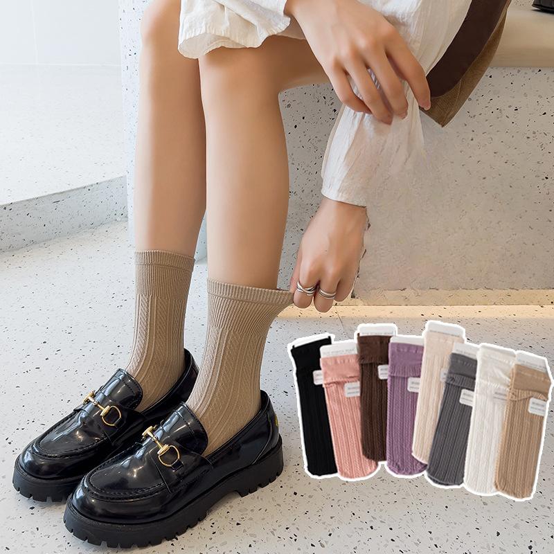 

Women s Spring and Autumn Vertical Solid Color Mid Calf Socks 1 pair кавовий