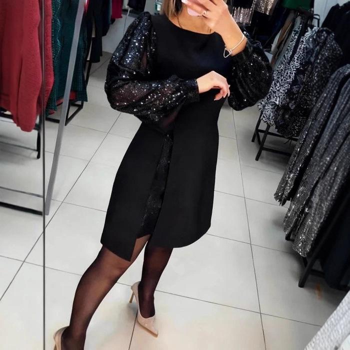 Elegantes Pailletten-Patchwork-Kleid mit Puffärmeln - Kollektion 2025