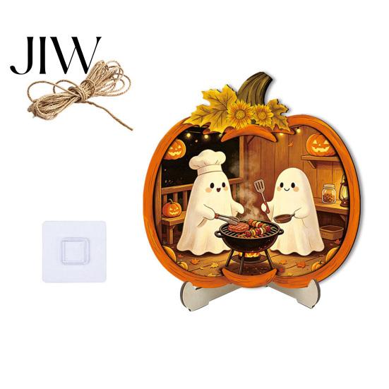 Festive Decor Halloween Door Sign, Glowing Ghost Hanging Decor, Wooden LED Window Party Decorations Ornament for Party, Spooky Wall Pendant