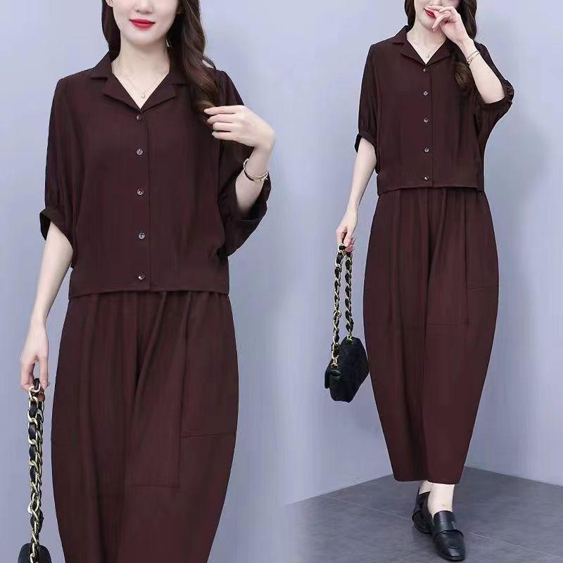 Luxury Ice Silk Women's Summer Fashion T-Shirt & Loose Two-Piece Set - Age-Defying, Belly-Covering, Solid Color