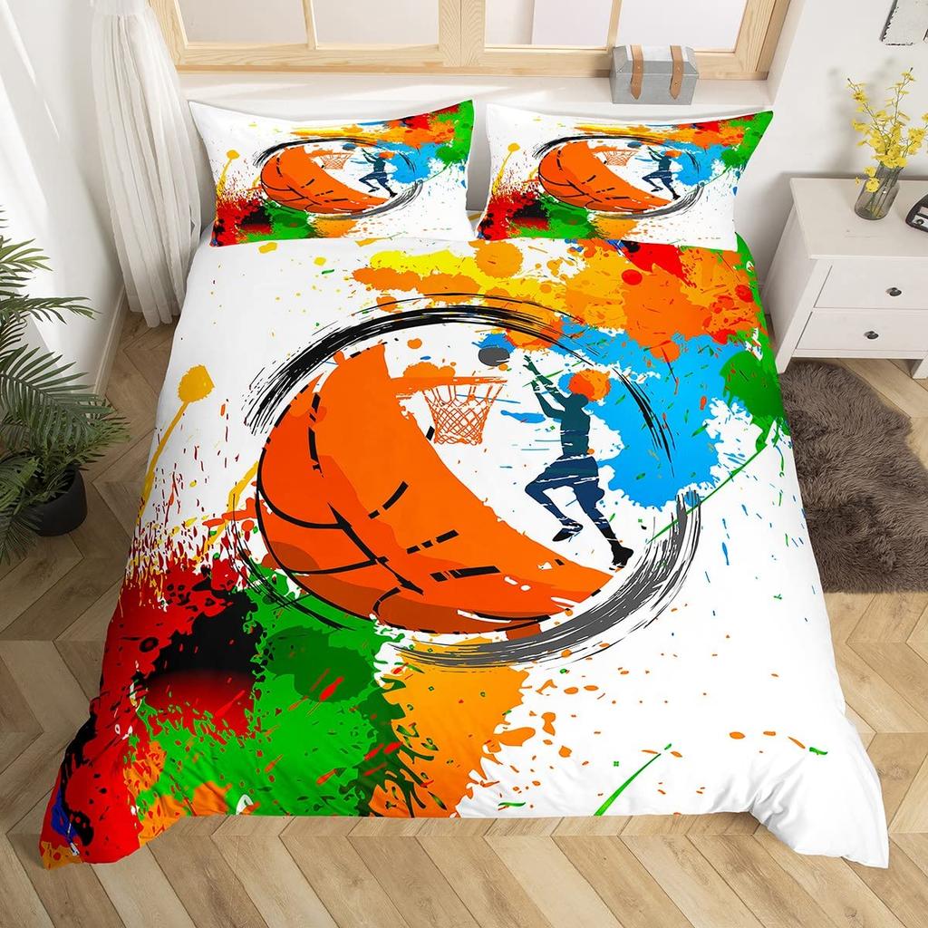 Basketball Duvet Cover Queen Blue Red Green Tie Dye Bedding Set Grunge Neon Sports Comforter Cover Neon Ball Game Quilt Cover