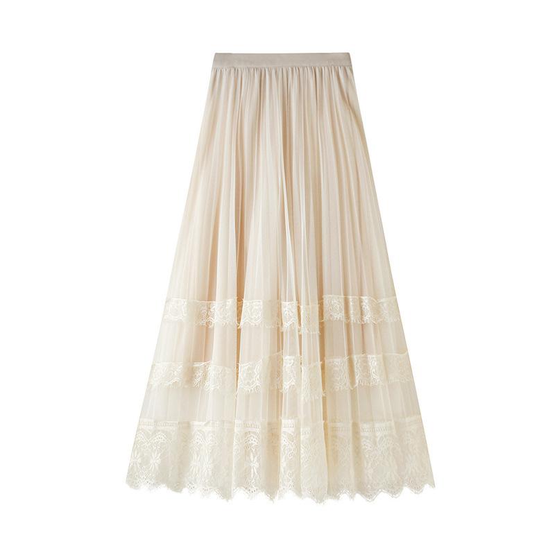 Korean Version of The High-waist Lace Stitching Mesh Skirt Women's Pleated Skirt A-line Mid-length Skirts