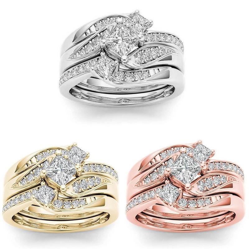 Elegantes Roségold Silber Gold Farbe Inlay mit weißen Zirkonen Ringe Set Party Verlobung Eheringe für Damen Schmuck