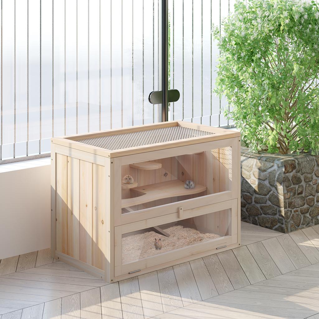 Gabbia per Hamster in Legno Topo Topi Roditore Piccoli Animali Gabbietta Esercizio Casa Giochi 60 x 35 x 42 cm, Finitura Legno Naturale