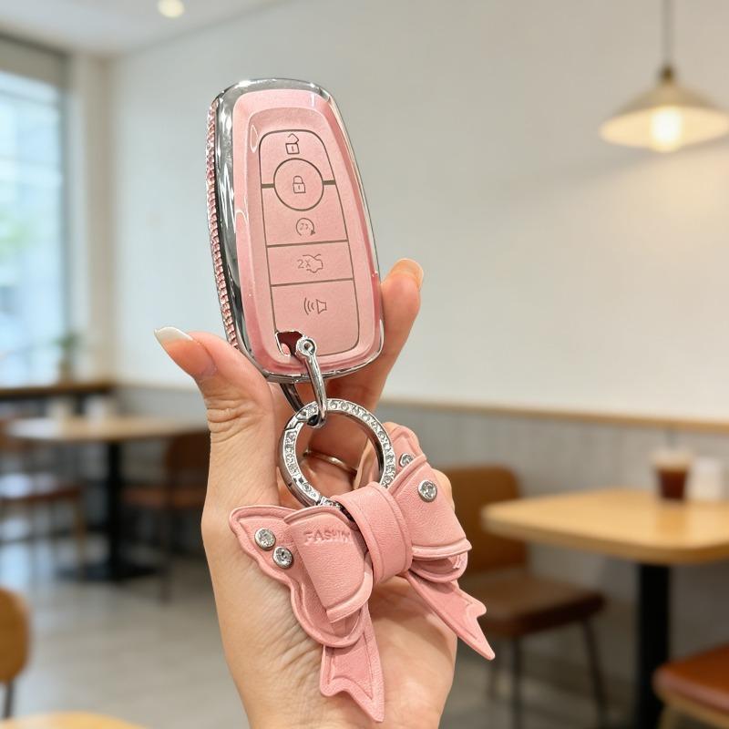 [ Side Diamonds ] 4 Buttons TPU Car Key Case Cover Shell Fob for Ford Fusion Edge Escape Explorer Taurus Expedition Ranger F-150