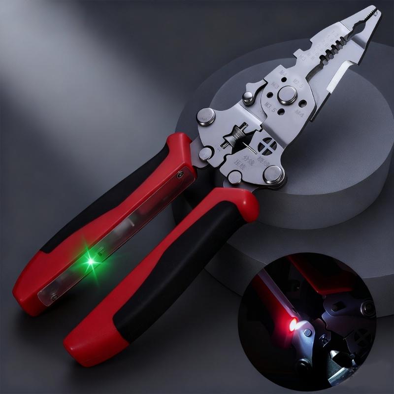 Space Saving Foldable Electrician Pliers Tool With Illumination For Wire Stripping Cutting And Crimping In Low Light
