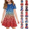 Girls Short Sleeve Dress with Pocket Independence Day Star Print Casual A-Line Dress for Summer Comfortable Fit