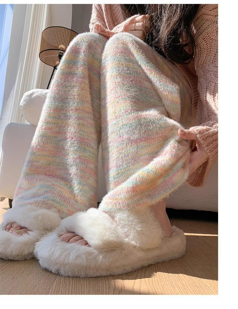 145cm Rainbow Knit Sticky Rice Wide-Leg Pants for Women, Petite, Autumn/Winter 2025, Floor-Length, Loose Fit.