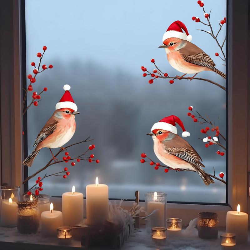 1 Peça Três Pássaros Com Chapéus de Papai Noel Adesivos de Janela Tema de Natal Galhos de Frutas Vermelhas Adesivos de Parede Decorativos Para Vidro e Janela