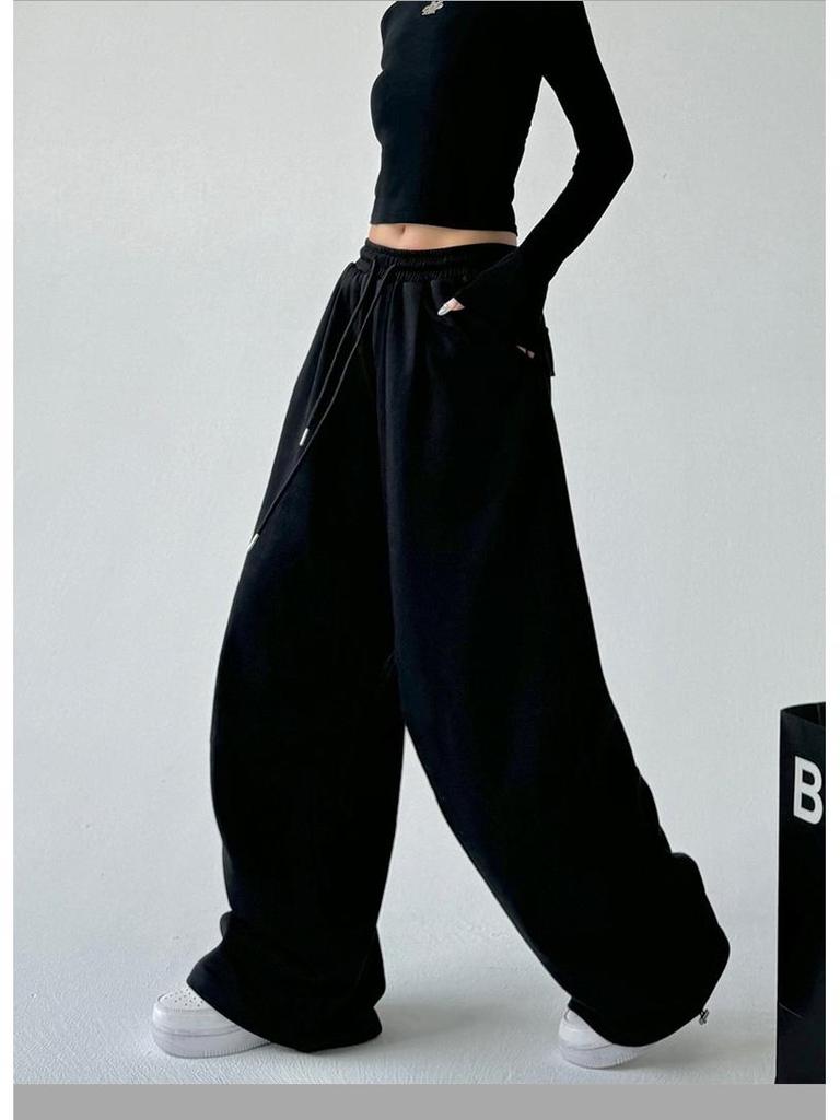 2025 Women's American-Style Grey High-Waist Cargo Sweatpants - Spring/Autumn Wide-Leg Loose Fit