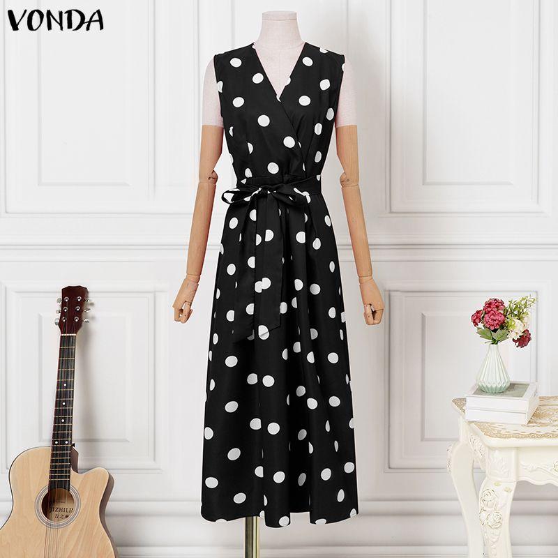 VONDA Rochie lungă de vară pentru femei, stil retro, fără mâneci, cu imprimeu buline, casual, rochie de soare