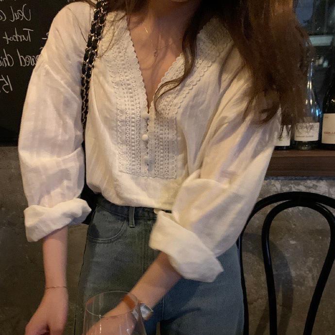 

Блузка в корейском стиле с V-образным вырезом и кружевной вставкой - Мода весна/лето 2025, приталенный топ с пышными рукавами M