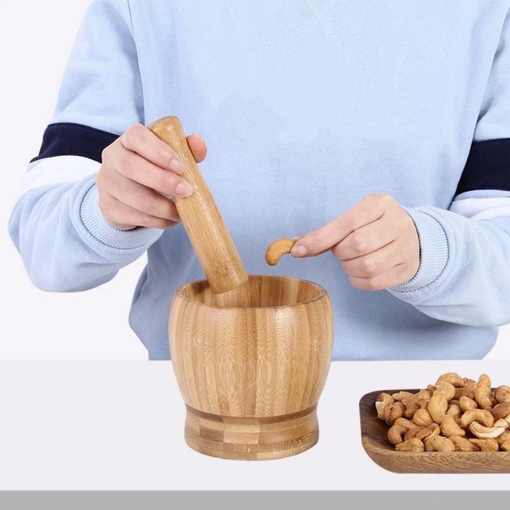 Premium Bamboo Wooden Mortar and Pestle Set Splash-proof Garlic Masher  Spice Mixing