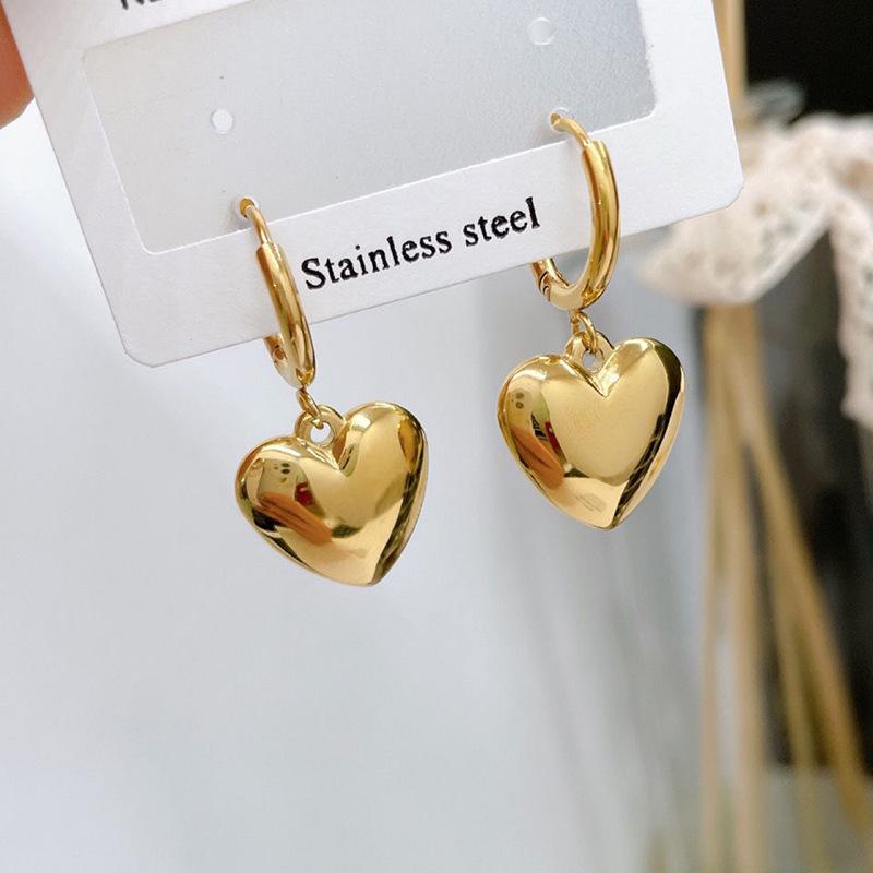 Stainless Steel Gold Heart Drop Hoop Earrings