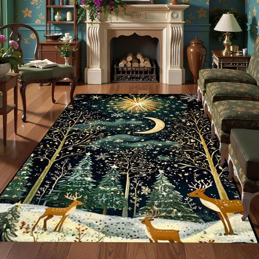 

Winter Snow Scene Carpet Realistic Snowy Village Deer Design Area Rug Soft Non-slip Vintage Home Decor Mat for Living Room 40X60cm