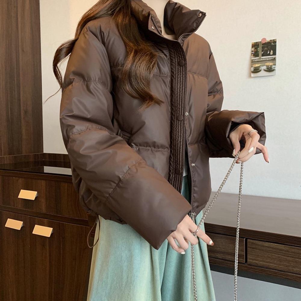 Women's Stand Collar Long Sleeve Cropped Puffer Jacket Loose Fit Casual Winter Warm Padded Coat