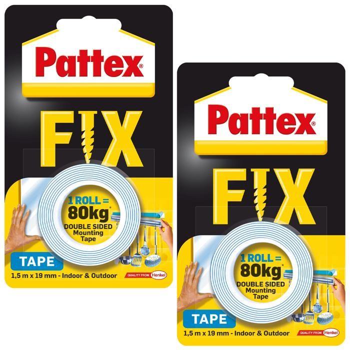 Ruban adhésif double face - Pattex - FIX 80 kg - 1,5 m x 19 mm - Pack de 2 - Multi-usages