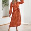 Langärmliges Damenkleid, V-Ausschnitt, gepunktetes Kleid mit Bindegürtel in der Taille, langes Plisseekleid für Büropartys und Verabredungen
