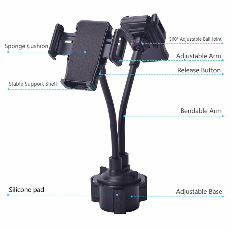 Dual Clamp Car Cup Phone Mount, Flexible Gooseneck 360°Rotatable Bracket Holds Two Smartphones, Universal Auto Cup Slot Stand