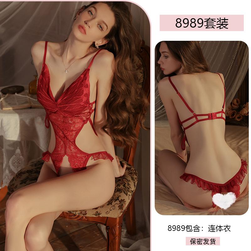 Original Erotic Underwear, Sexy butterfly Lace Seductive open-crotch Jumpsuit, Women's Hot See-through pajamas 8989