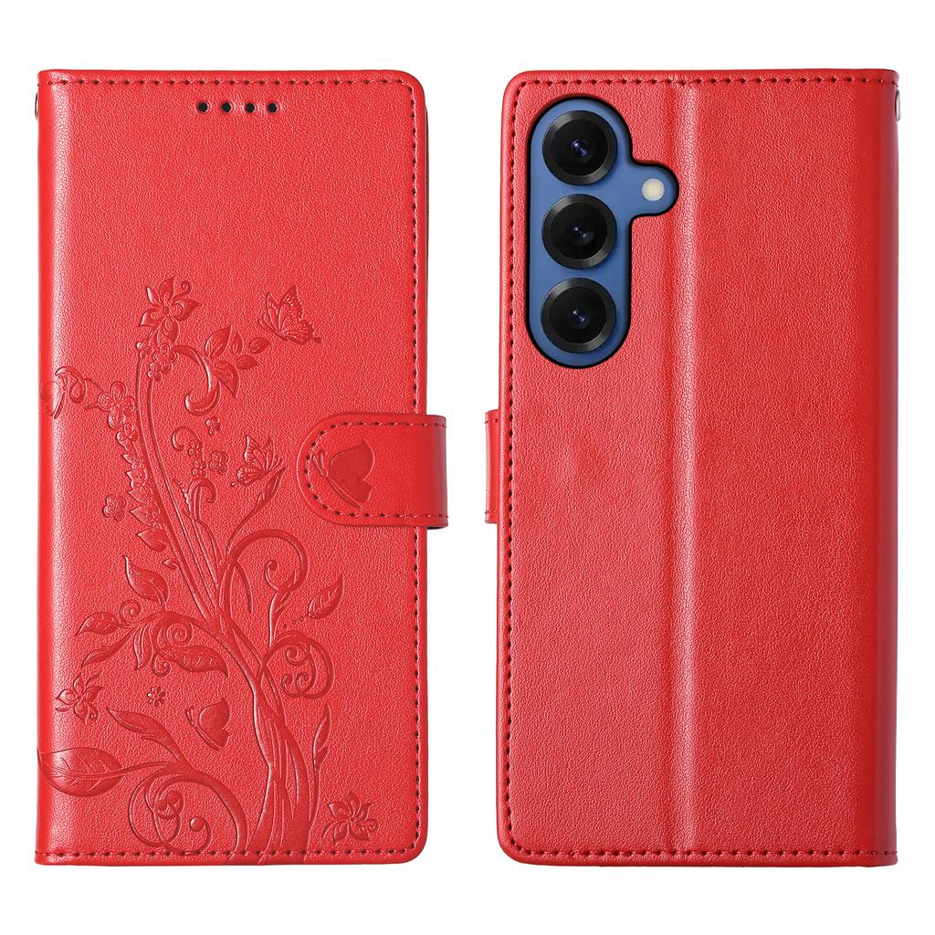 For Samsung Galaxy S26+ Wallet Case Butterfly Floral Imprint PU Leather Phone Cover with Wrist Strap