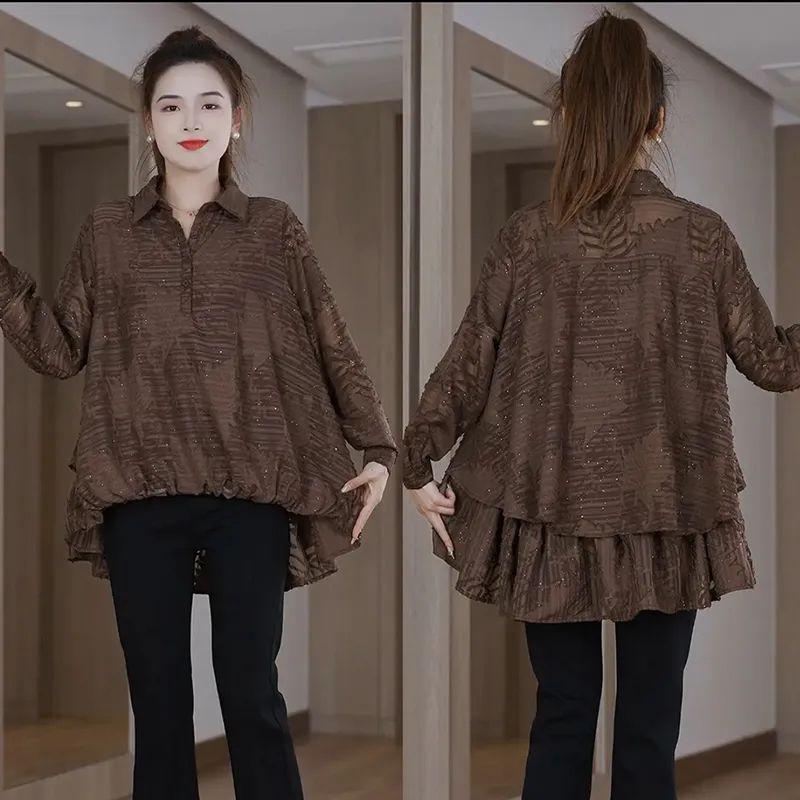 Langärmeliges geprägtes Freizeithemd Figurformend Fleischbedeckend Frühherbst-Stil Polokragen Drei-Knopf-Verschluss Damenoberteil
