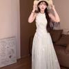 French Summer Lace Jasmine Green Sleeveless Slimming Waist Long Dress for Women