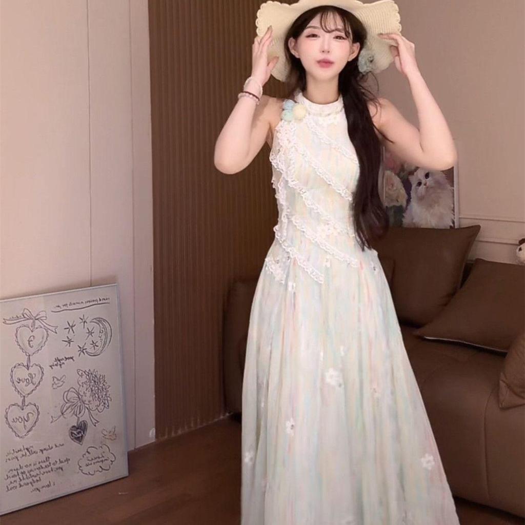 French Summer Lace Jasmine Green Sleeveless Slimming Waist Long Dress for Women
