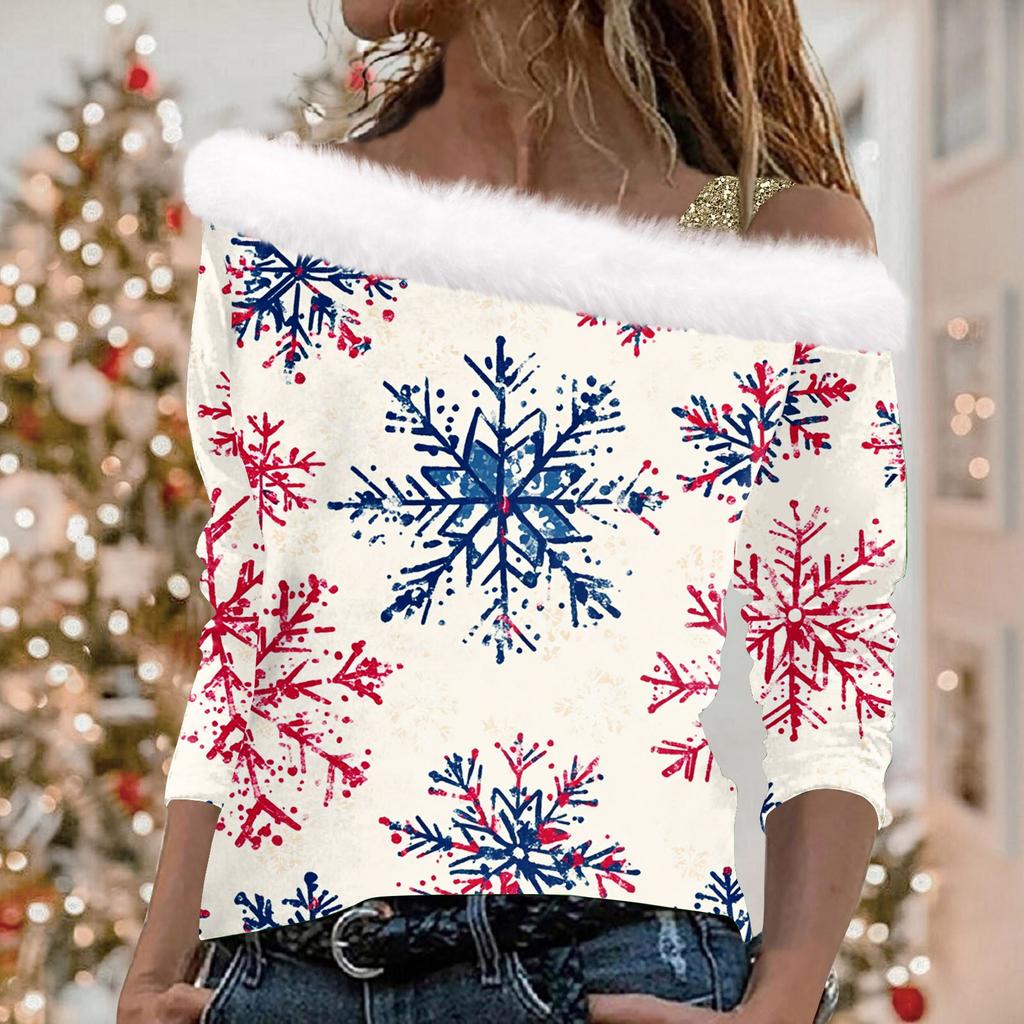 Kadın Günlük Uzun Kollu Omuzdan Askılı Noel Baskılı Peluş Moda Üst