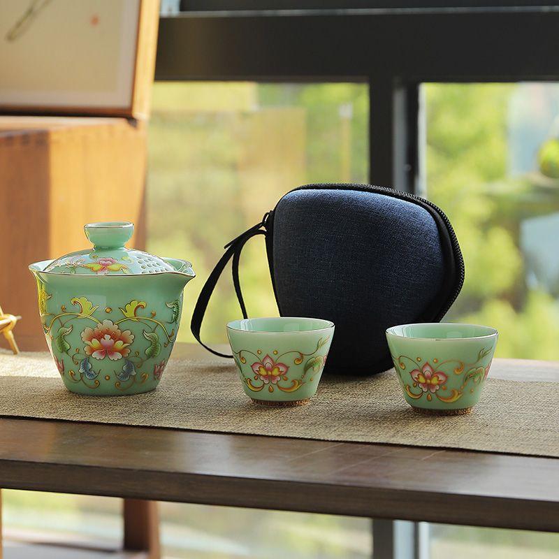 

White Porcelain Celadon Tea Set Portable Bag for Outdoor Use, Including 1 Teapot 2 Tea Cups, Quick- Cup, Travel Teaware