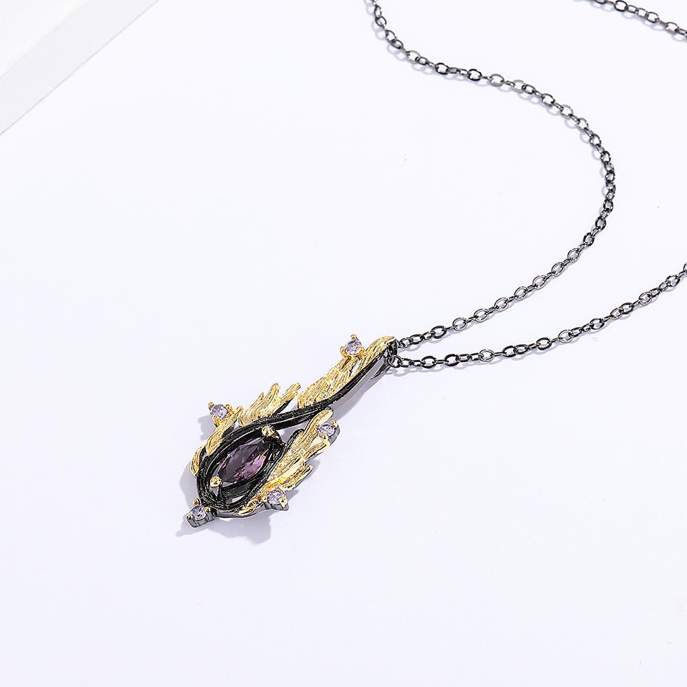 New Purple Water Drop Zircon Jewelry Feather Shaped Pendant Creative Party Black Gold Jewelry Women Necklace Anniversary Gift