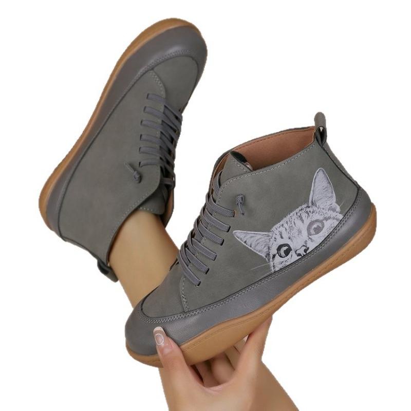 Botas Femininas Plus Size Estampa de Gato Cano Curto Salto Baixo Cadarço Moda Confortáveis Todas as Estações Primavera Outono