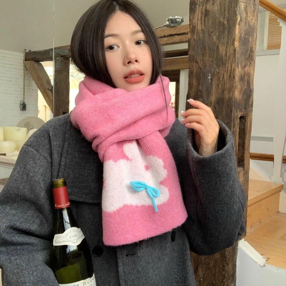 Solid Color Scarf Polyester Knitted Scarf Cute Shawl  Winter