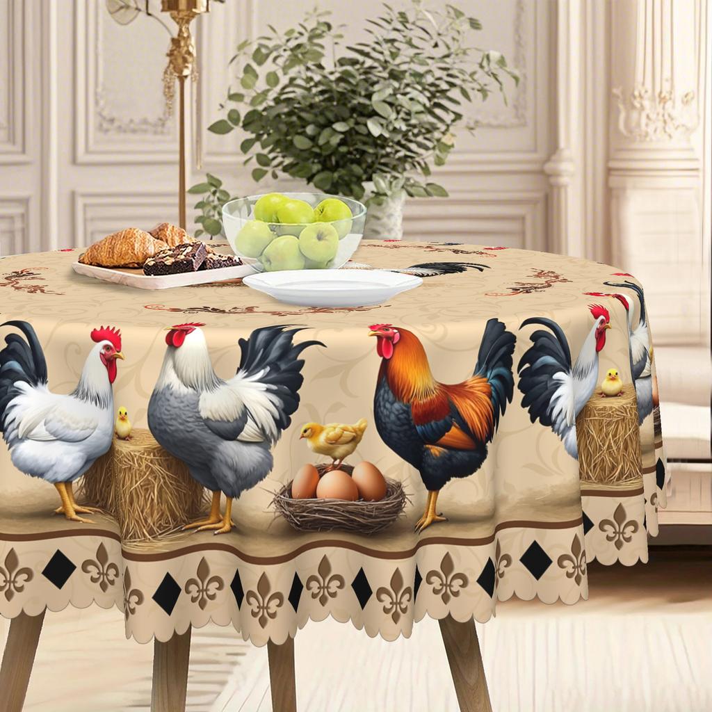 Pastoral Round Table Tablecloth, Egg Hen Print Waterproof And Oil-Proof Leave-In Household Dining Table Cloth, European Retro