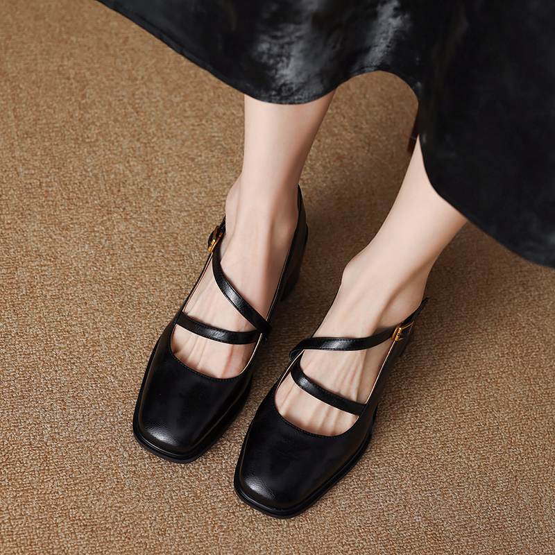 Krazing Pot Sheepskin Round Toe Size 41 Chunky High Heels Buckle Straps Vintage Autumn Pumps