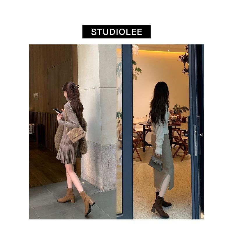 Classic temperament square head rear zipper ankle boots thick heel short boots women's high heel thin boots