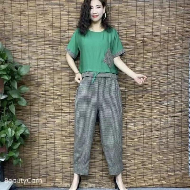 Sommer Trend T-Shirts Sets Damen Koreanischer Stil Persönlichkeit Tasche Kariert Kurzarm T-Shirt Lässige Hose Baggy Hose 2-teiliges Set