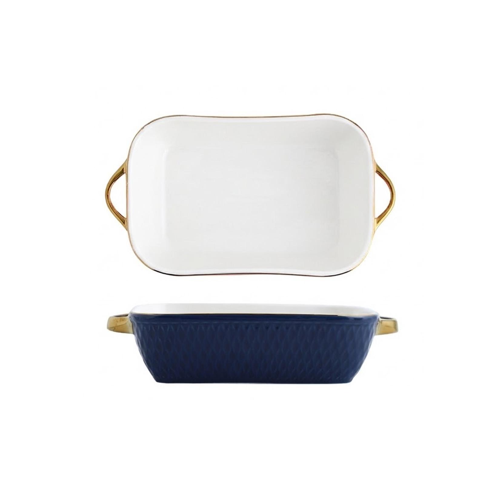 Double Handle Ceramic Baking Dish With Gold Rim For Casserole Salad Dessert Microwave Oven Safe