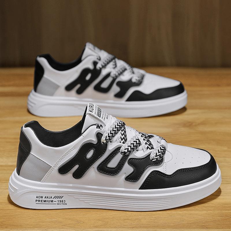 Sports Leather Surface Contrasting Color Breathable Flat Men'S Shoes Low-Top Lace-Up Daily Leisure Work Board Shoes