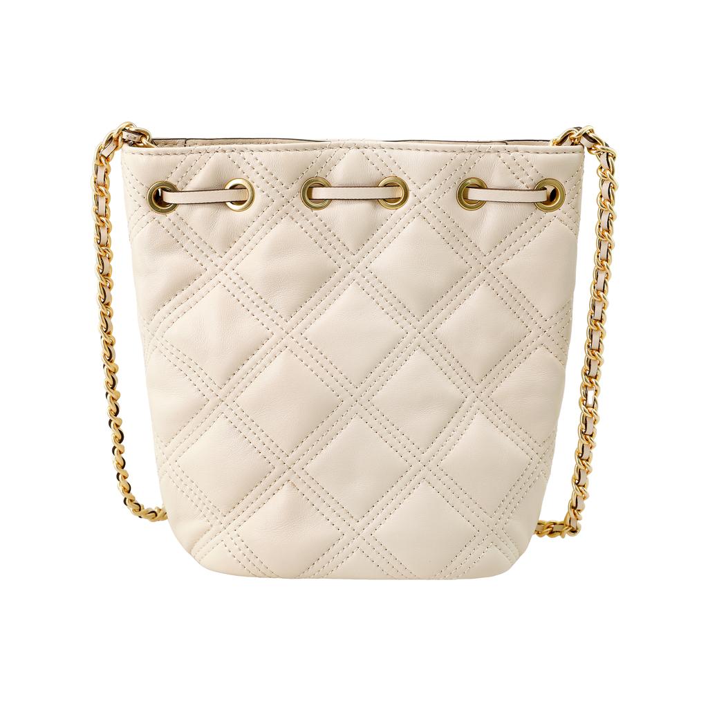 Tory Burch TB Fleming gesteppter Quastenanhänger geflochtene Kette Ledereimer Tasche Damen Umhängetasche Weiß 74853-122